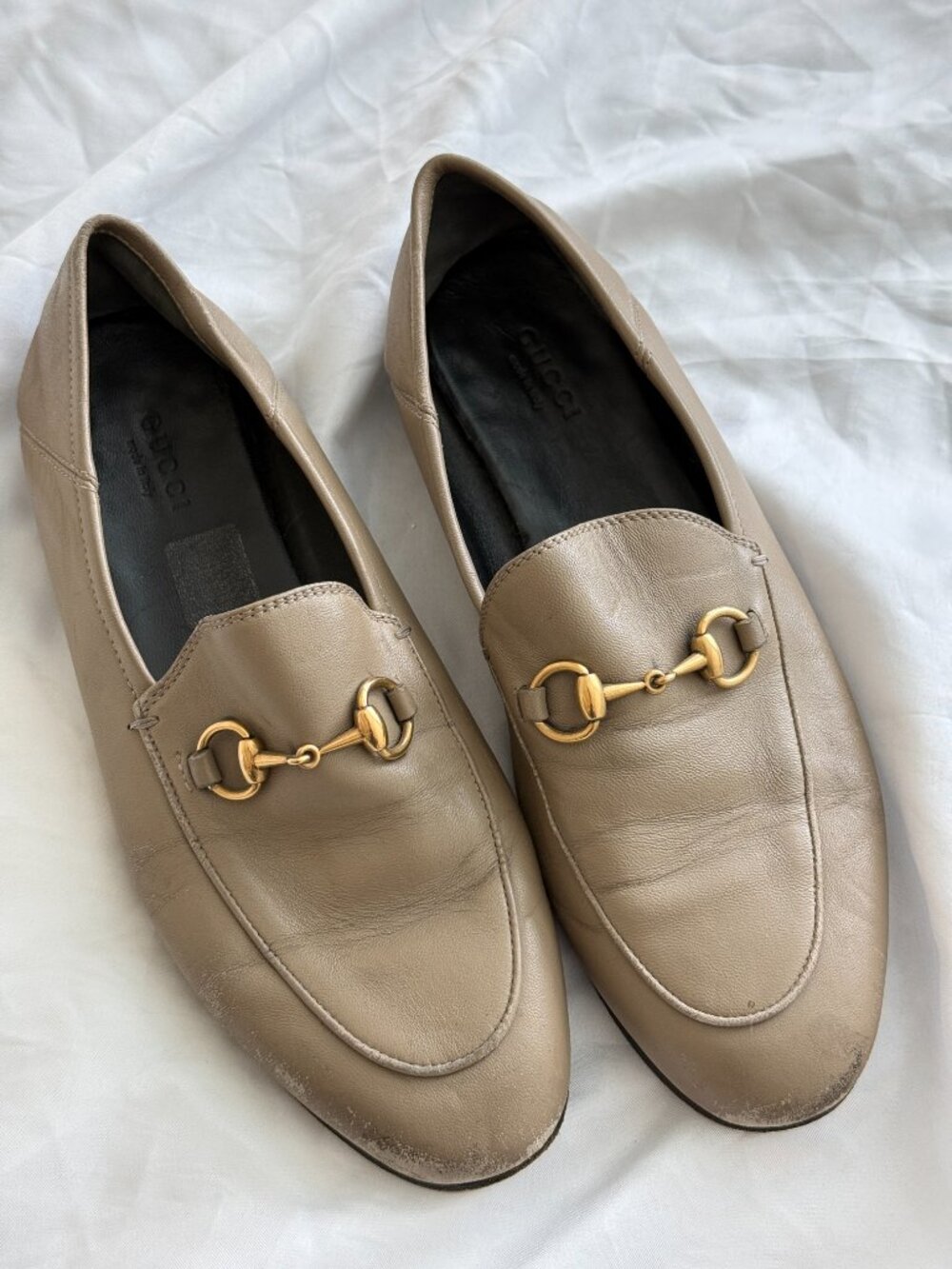 Gucci Classic Horsebit Convertible Leather Loafers / Mules Beige Taupe Size 37